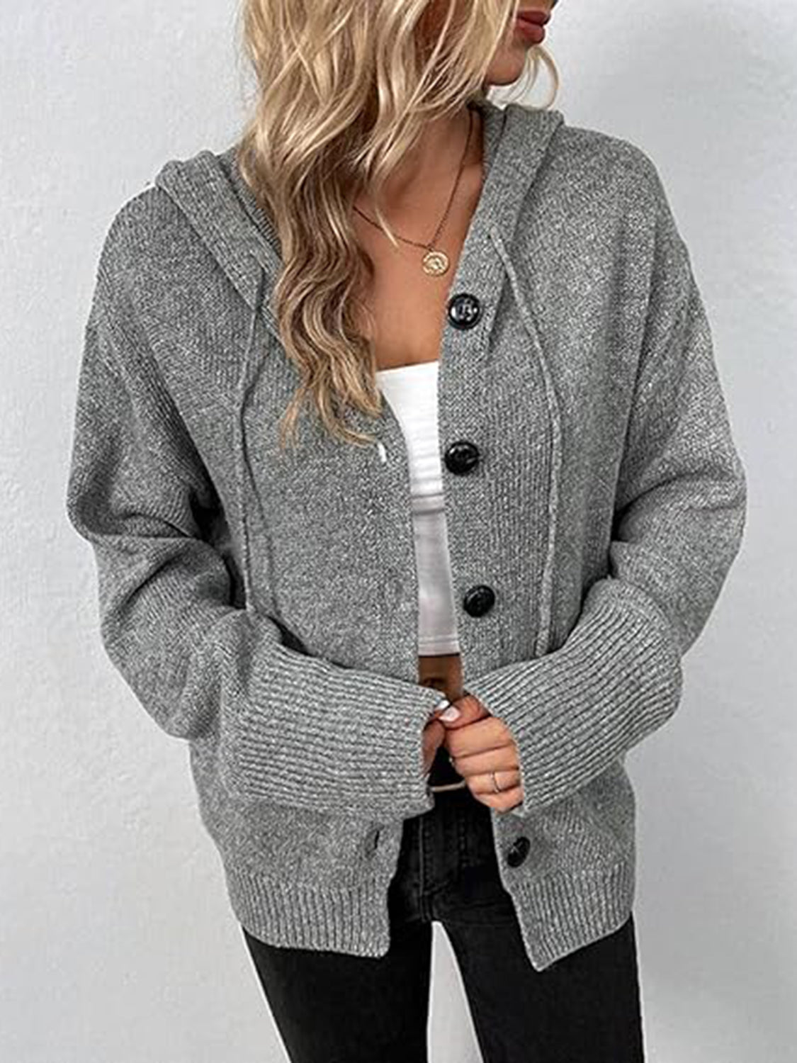 Button Up Drawstring Long Sleeve Hooded Cardigan-Angel Casuals