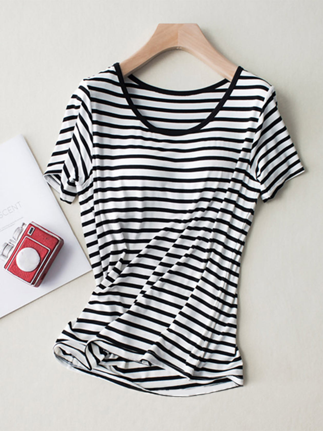 Striped Round Neck Short Sleeve T-Shirt with Bra-Angel Casuals