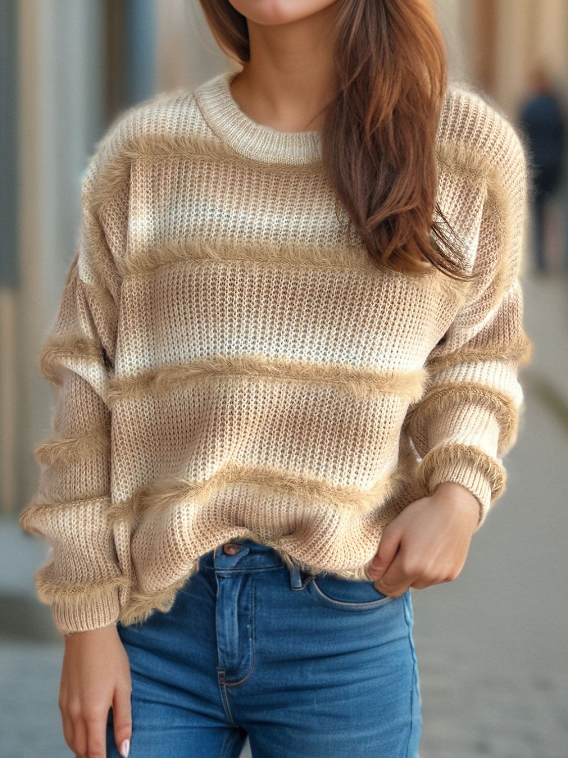 Gradient Round Neck Dropped Shoulder Sweater-Angel Casuals