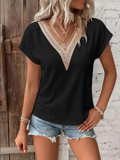 Eyelet V-Neck Short Sleeve T-Shirt-Angel Casuals