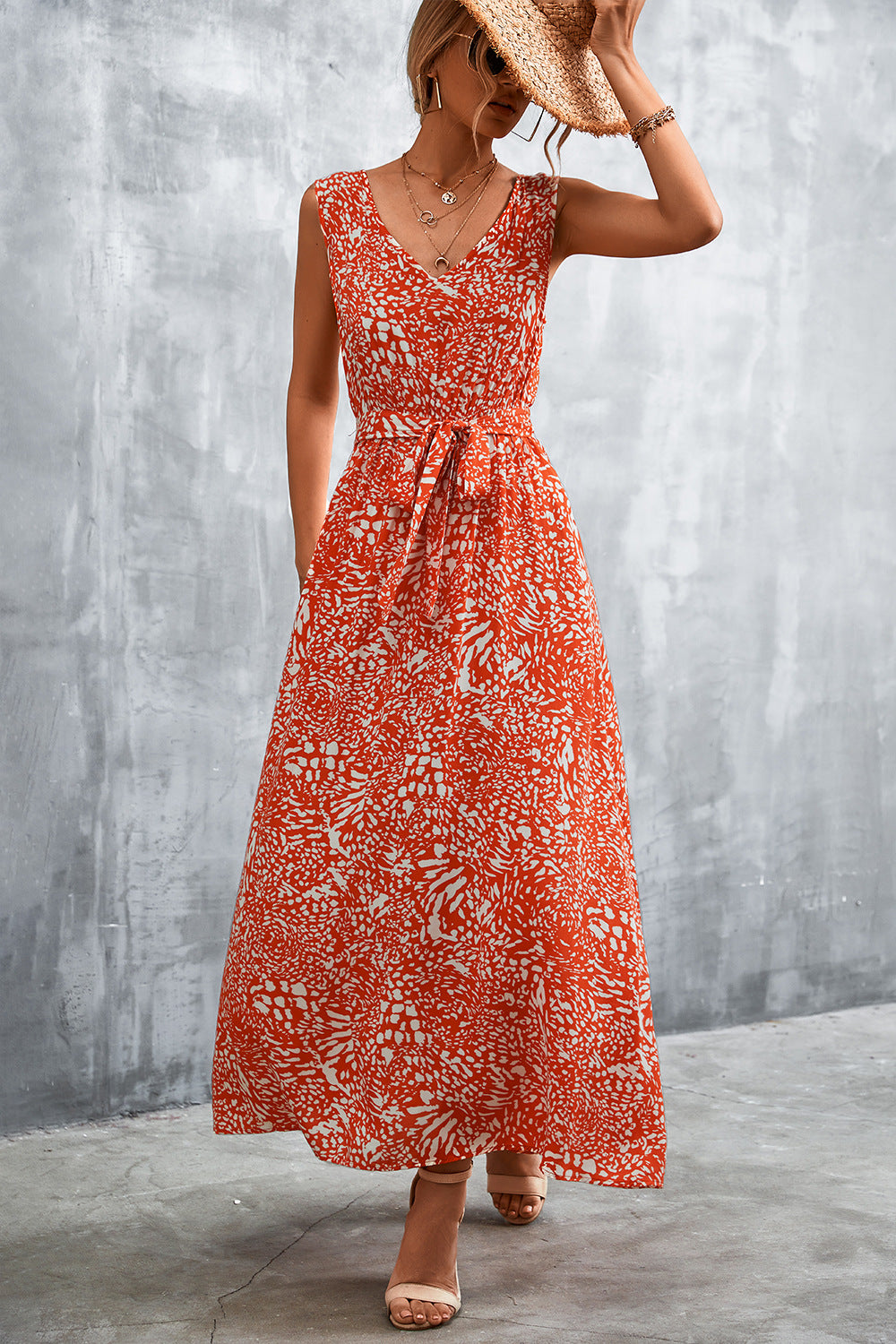 Printed V-Neck Tie Waist Maxi Dress-Angel Casuals