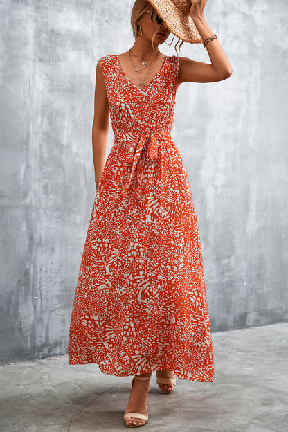 Printed V-Neck Tie Waist Maxi Dress-Angel Casuals