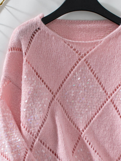Openwork Round Neck Long Sleeve Knit Top-Angel Casuals