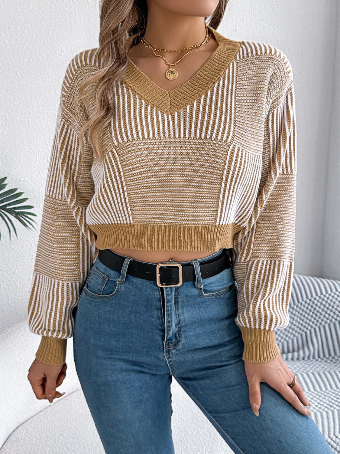 Striped V-Neck Long Sleeve Sweater-Angel Casuals