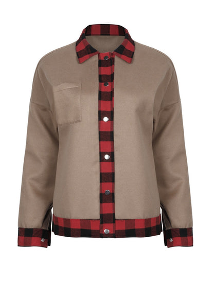 Plaid Trim Long Sleeve Jacket-Angel Casuals