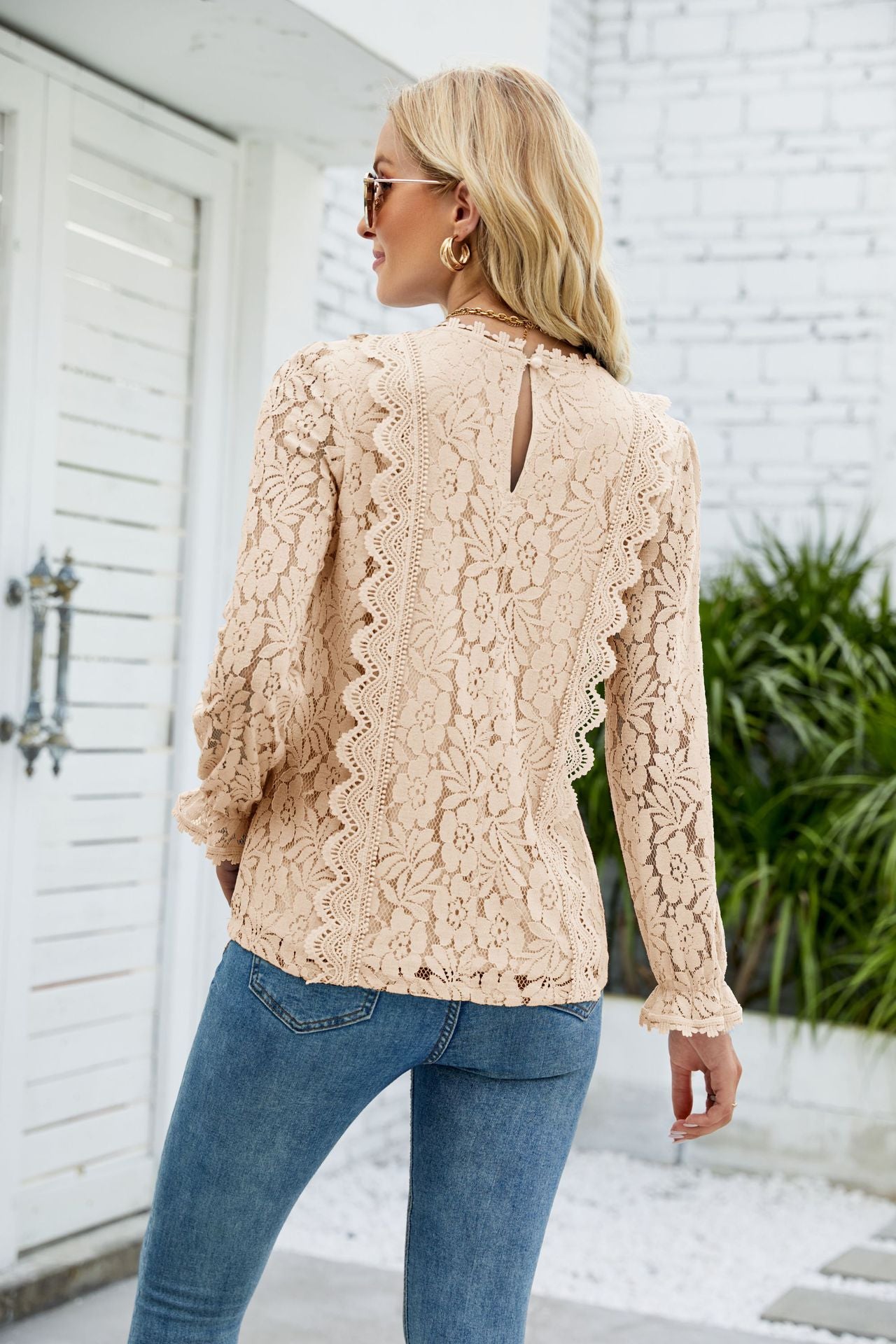 V-Neck Flounce Sleeve Lace Top-Angel Casuals