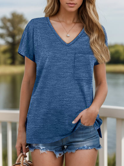 Pocketed Heathered V-Neck Short Sleeve T-Shirt-Angel Casuals