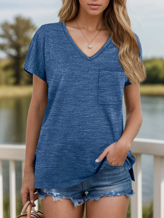 Pocketed Heathered V-Neck Short Sleeve T-Shirt-Angel Casuals