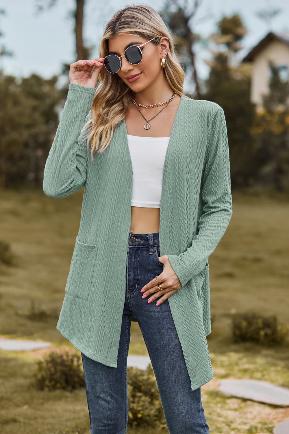 Cable-Knit Long Sleeve Cardigan with Pocket-Angel Casuals