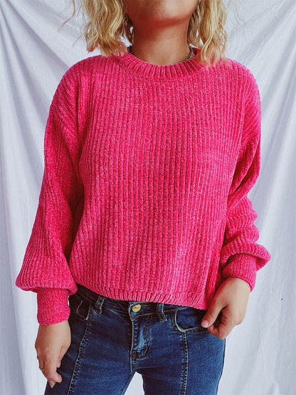 Round Neck Dropped Shoulder Long Sleeve Sweater-Angel Casuals