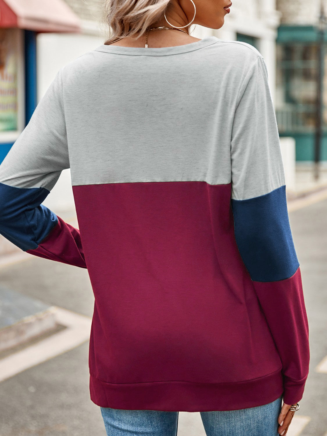 Color Block Cutout Round Neck Long Sleeve T-Shirt-Angel Casuals