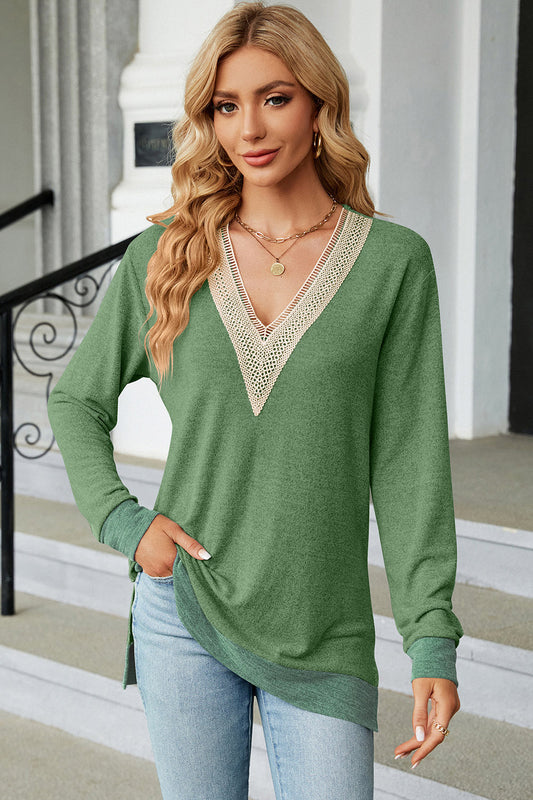 Slit V-Neck Long Sleeve T-Shirt-Angel Casuals