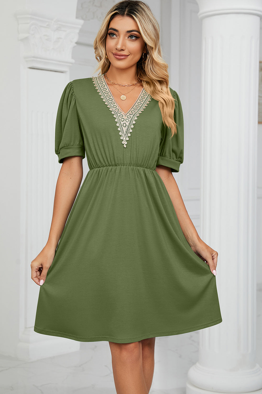 V-Neck Puff Sleeve Dress-Angel Casuals