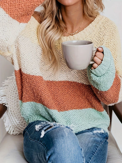 Color Block Round Neck Long Sleeve Sweater-Angel Casuals