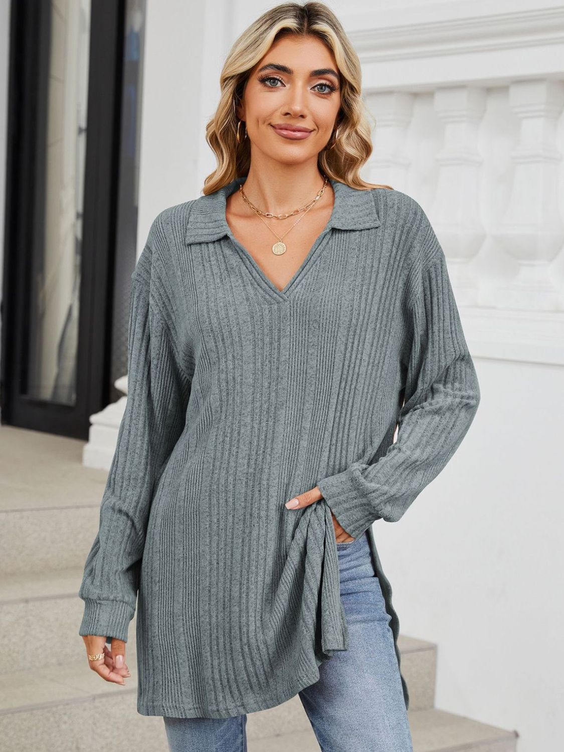 Slit Johnny Collar Long Sleeve T-Shirt-Angel Casuals