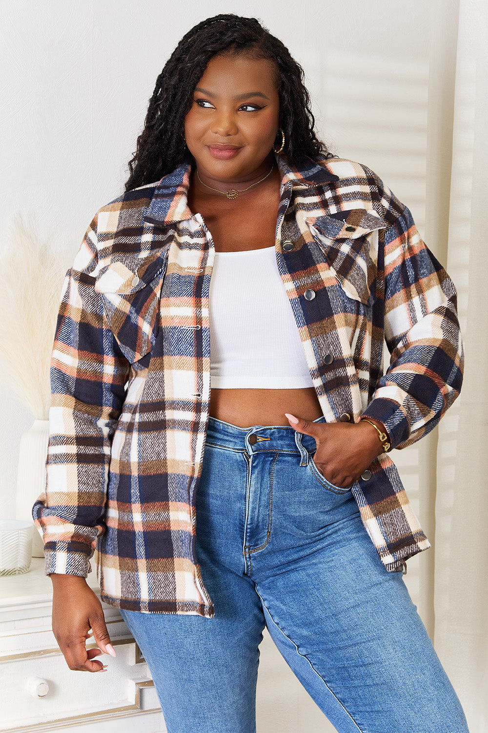 Double Take Plaid Button Front Shirt Jacket with Breast Pockets-Angel Casuals