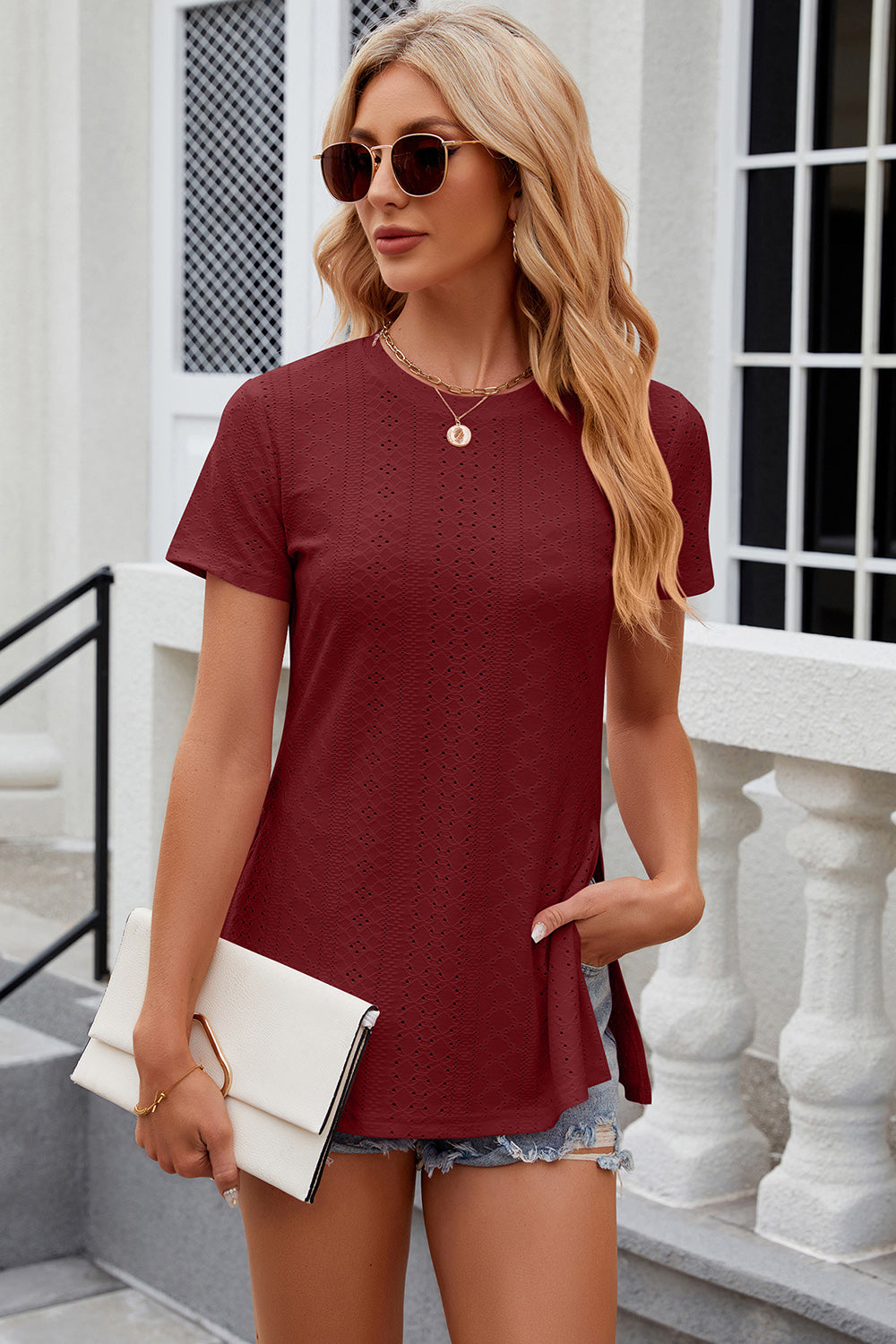 Eyelet Slit Round Neck Short Sleeve T-Shirt-Angel Casuals