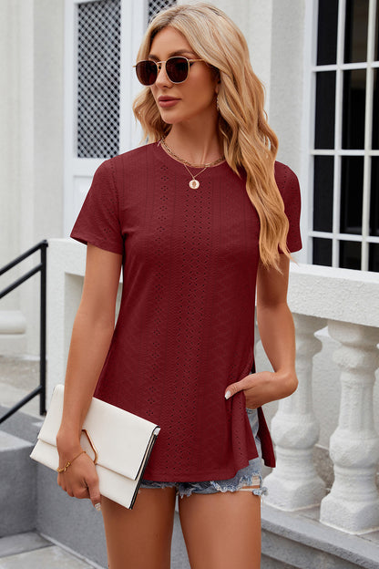 Eyelet Slit Round Neck Short Sleeve T-Shirt-Angel Casuals