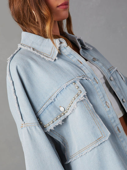 Button Down Raw Hem Denim Jacket-Angel Casuals