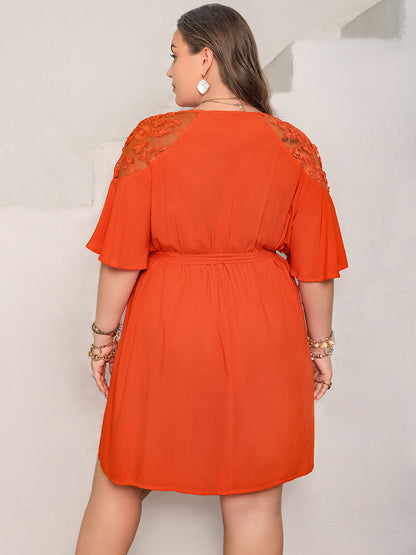 Plus Size Lace Button Up Half Sleeve Dress-Angel Casuals