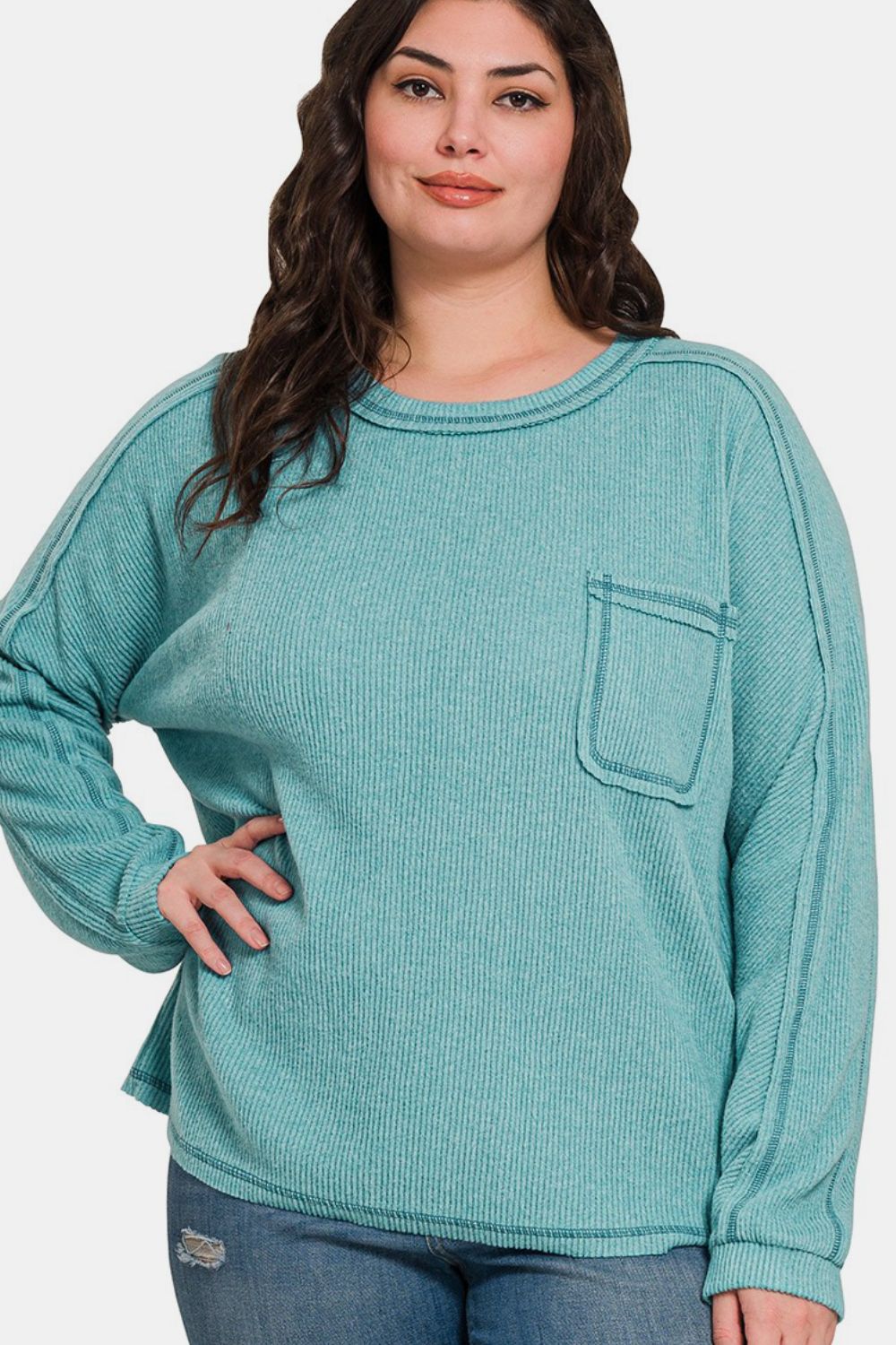 Zenana Full Size Contrast Stitching Brushed Ribbed Hacci Knit Top Plu Size-Angel Casuals