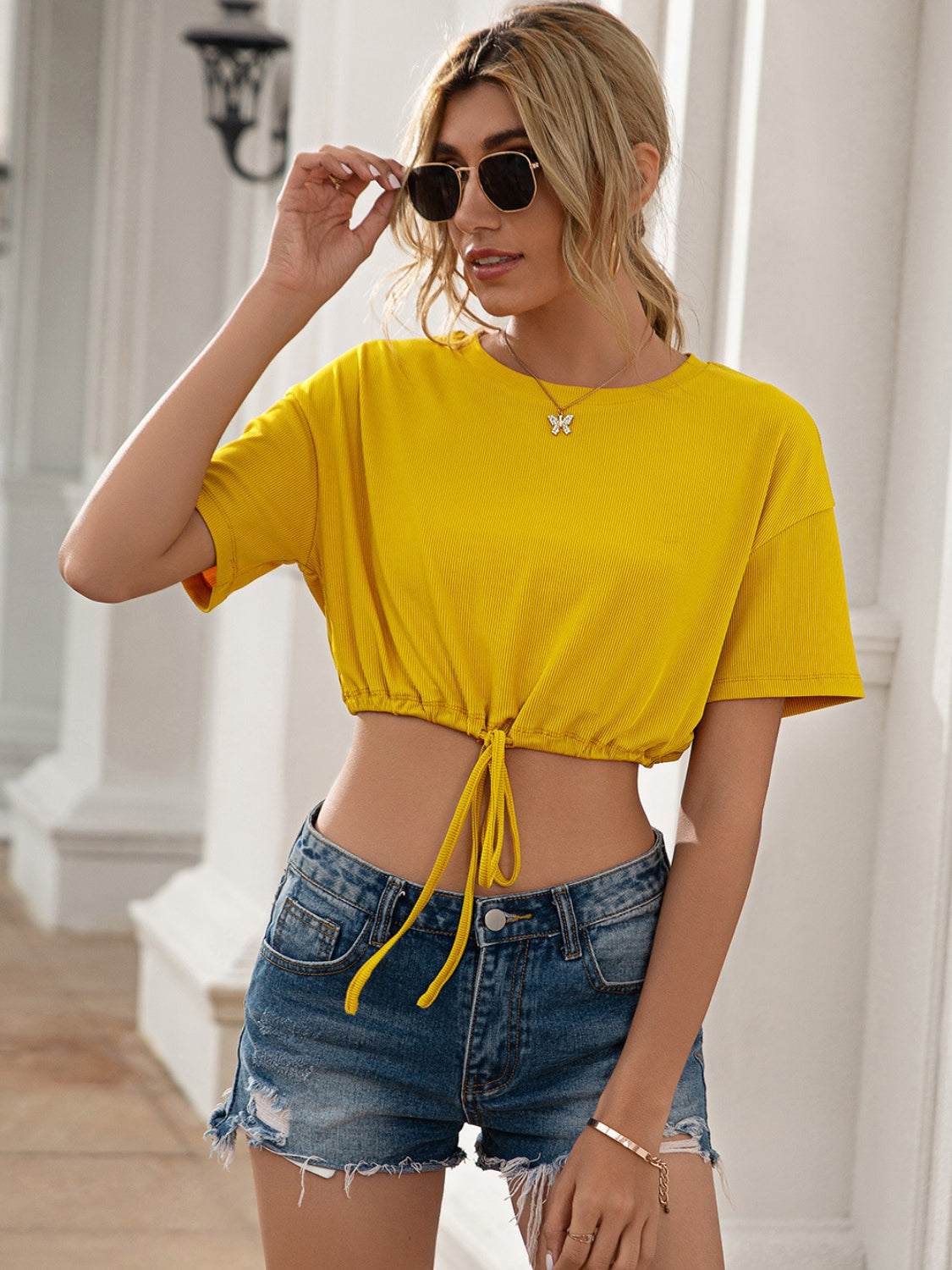 Drawstring Round Neck Short Sleeve T-Shirt-Angel Casuals
