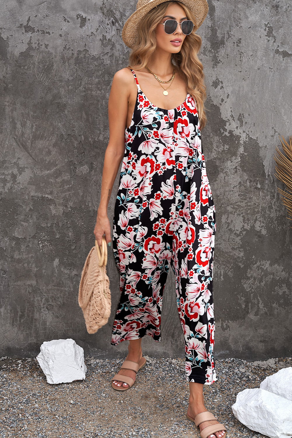 Botanical Print Spaghetti Strap Cropped Jumpsuit-Angel Casuals