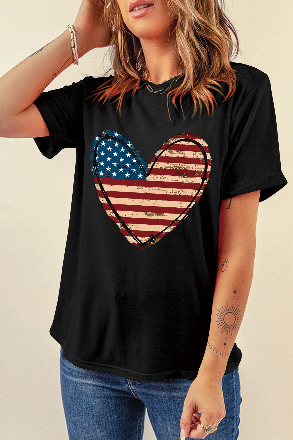 Stars and Stripes Heart Round Neck Short Sleeve T-Shirt-Angel Casuals