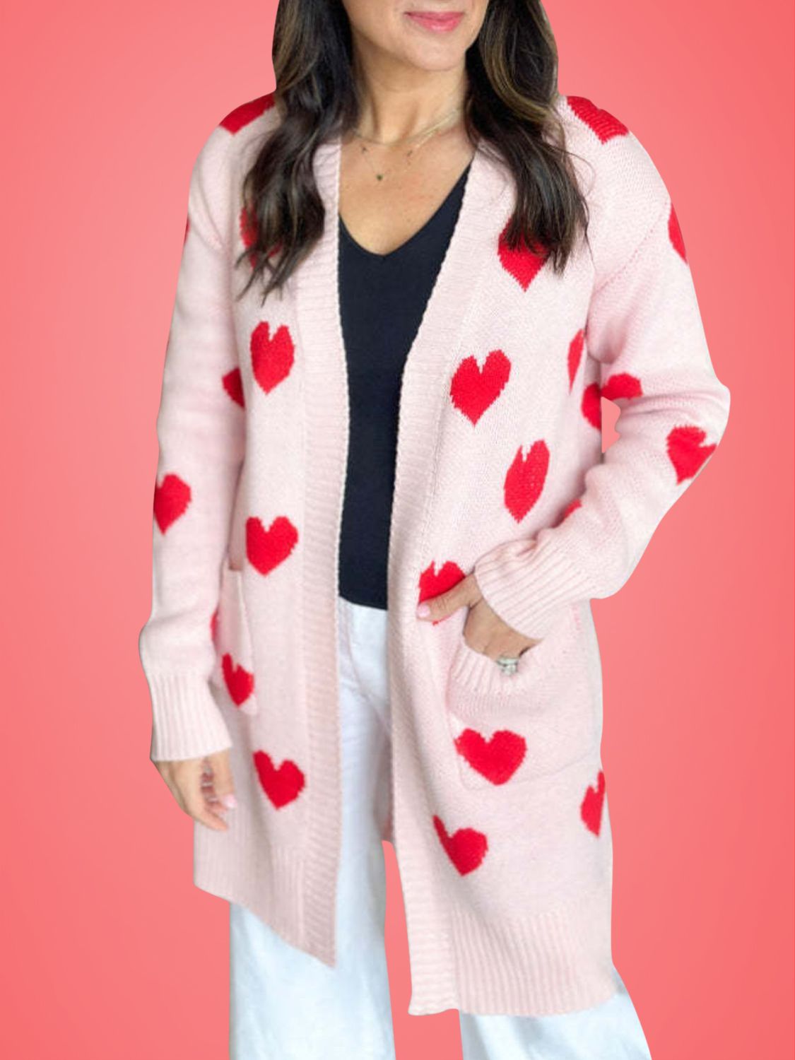 Heart Open Front Long Sleeve Cardigan-Angel Casuals