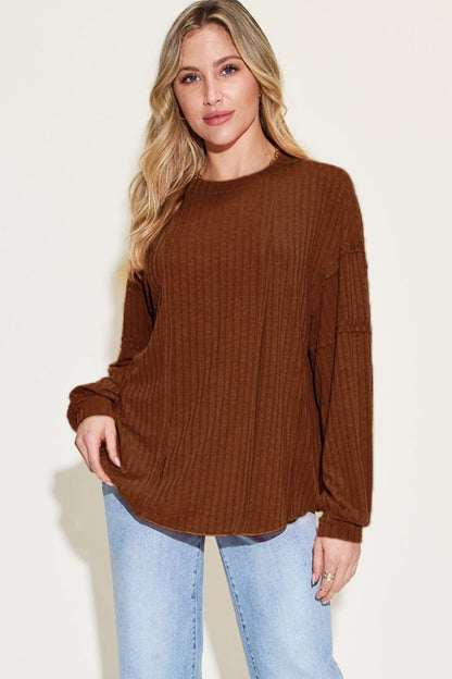 Basic Bae Full Size Ribbed Round Neck Long Sleeve T-Shirt-Angel Casuals