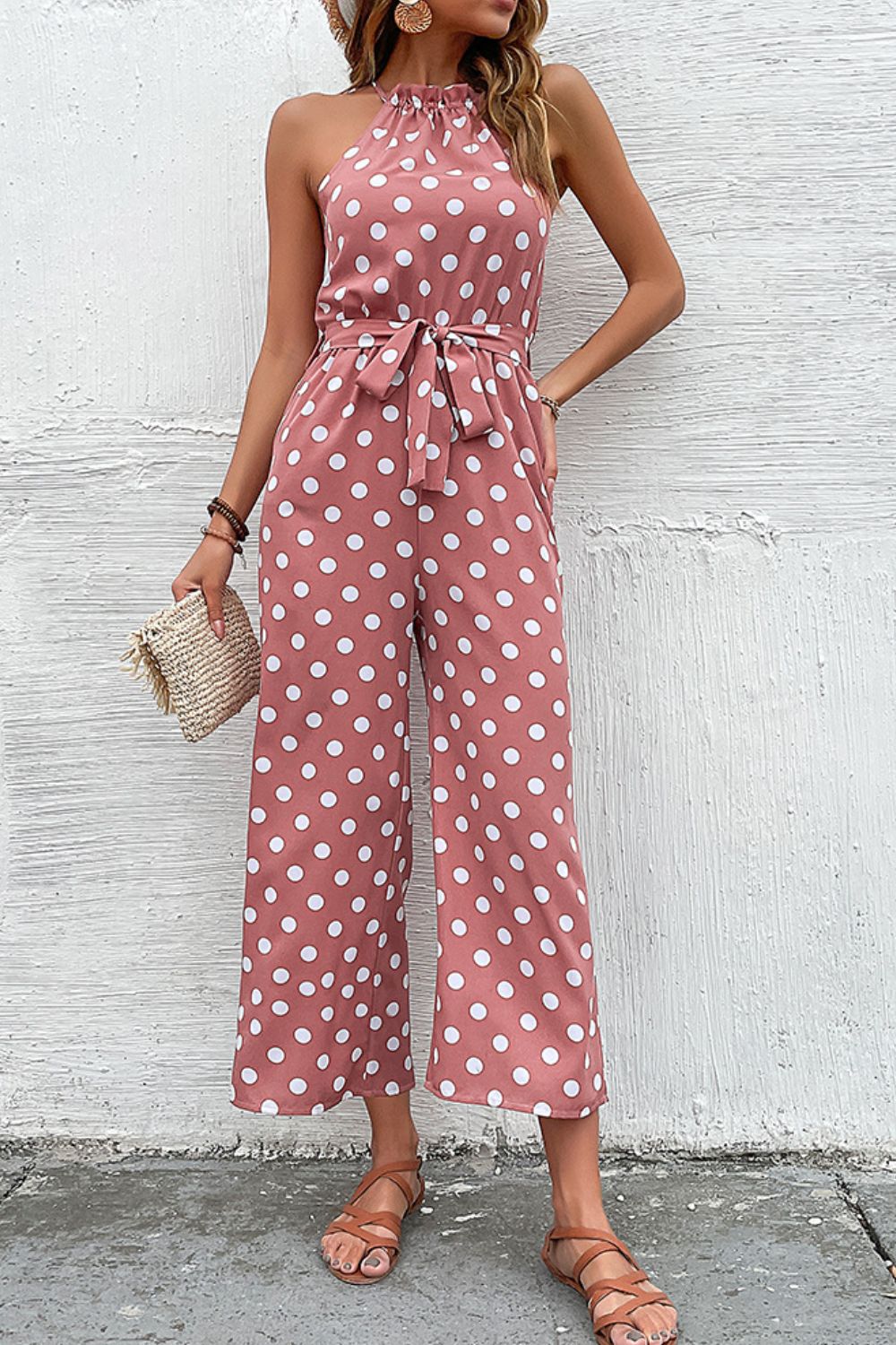 Polka Dot Grecian Wide Leg Jumpsuit-Angel Casuals