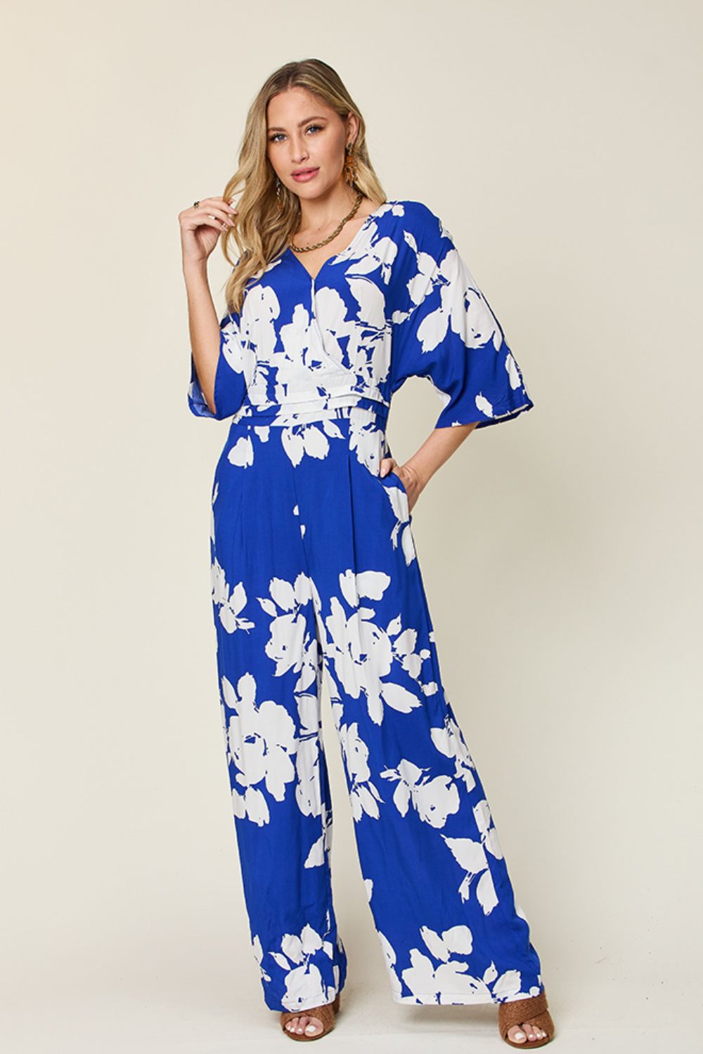 Double Take Full Size Printed Tie Back Wide Leg Jumpsuit-Angel Casuals