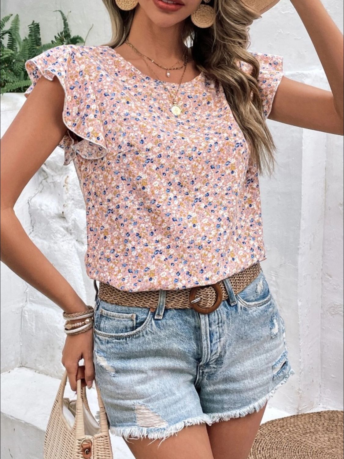 Ditsy Floral Round Neck Cap Sleeve Top-Angel Casuals