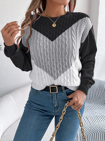 Contrast Round Neck Long Sleeve Sweater-Angel Casuals