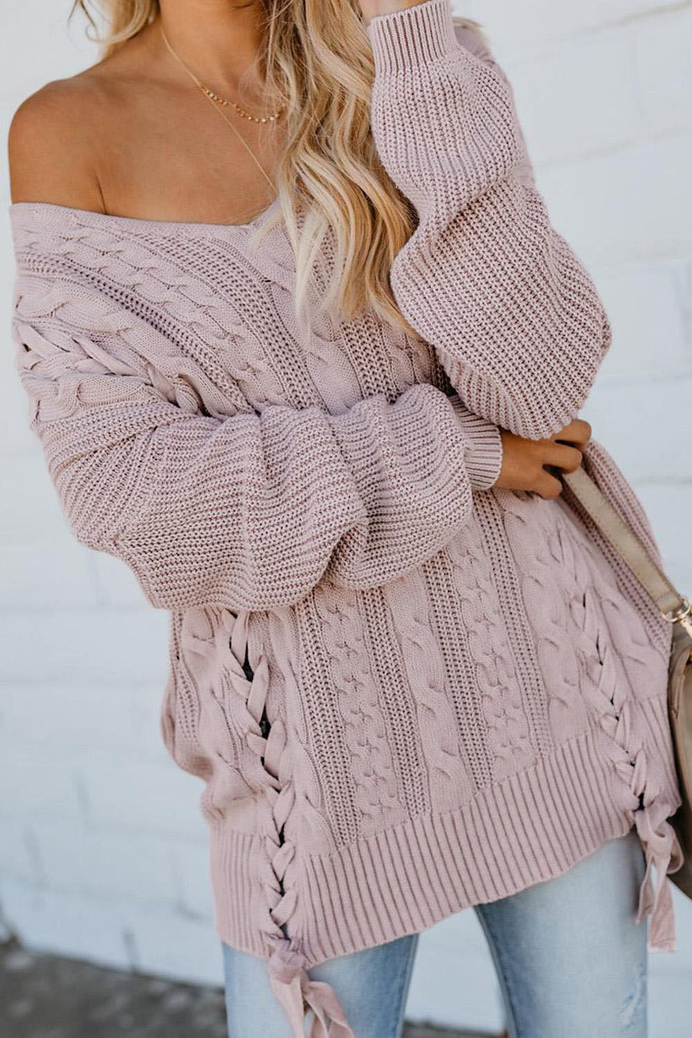 Cable Knit Lace Up V-Neck Sweater-Angel Casuals