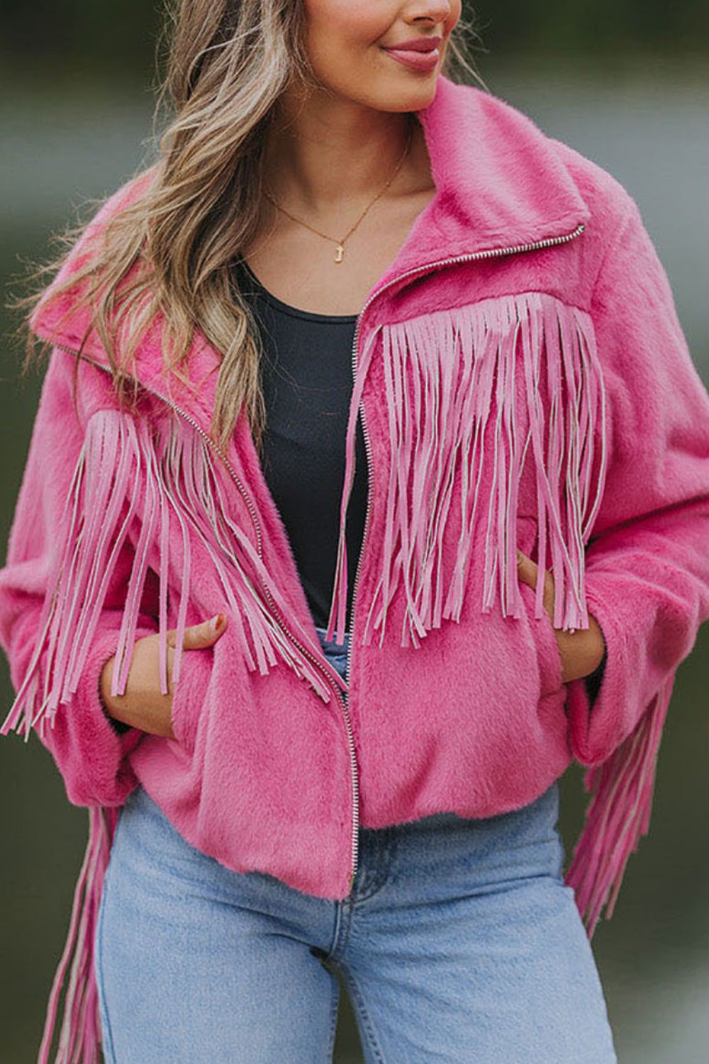 Fringed Zip Up Fleece Jacket-Angel Casuals