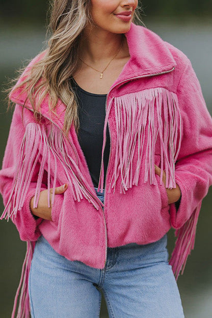 Fringed Zip Up Fleece Jacket-Angel Casuals