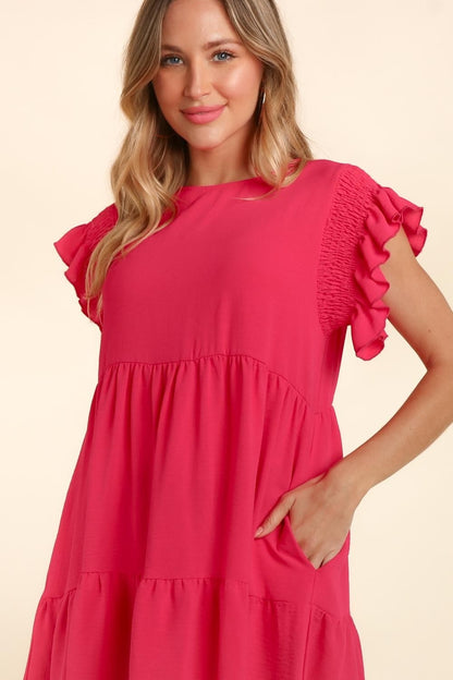 Haptics Full Size Smocking Ruffle Short Sleeve Dress with Pockets-Angel Casuals