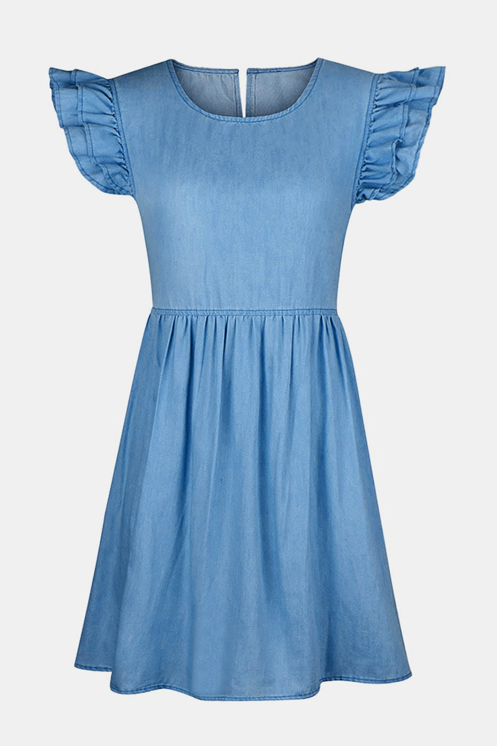 Full Size Ruffled Round Neck Cap Sleeve Denim Dress-Angel Casuals