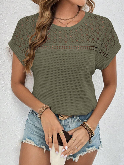 Waffle-Knit Round Neck Short Sleeve Top-Angel Casuals
