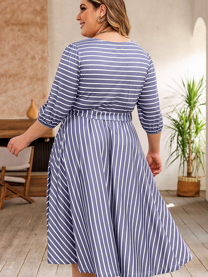 Plus Size Round Neck Striped Tie Waist Dress-Angel Casuals