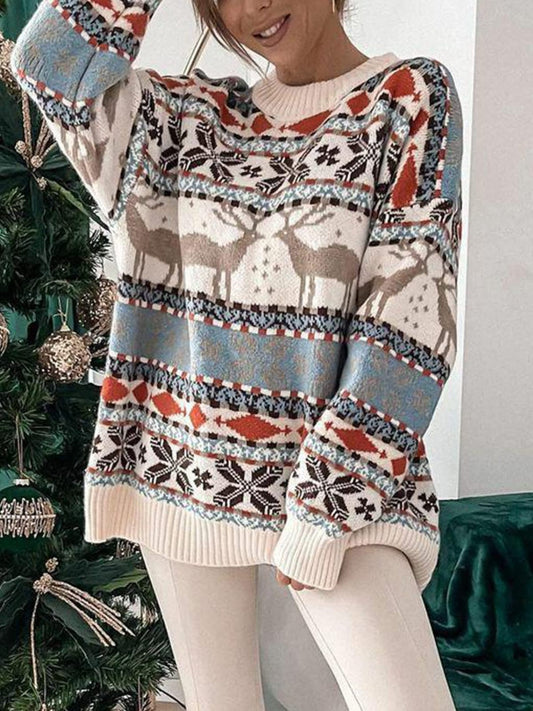 Geometric Round Neck Dropped Shoulder Sweater-Angel Casuals