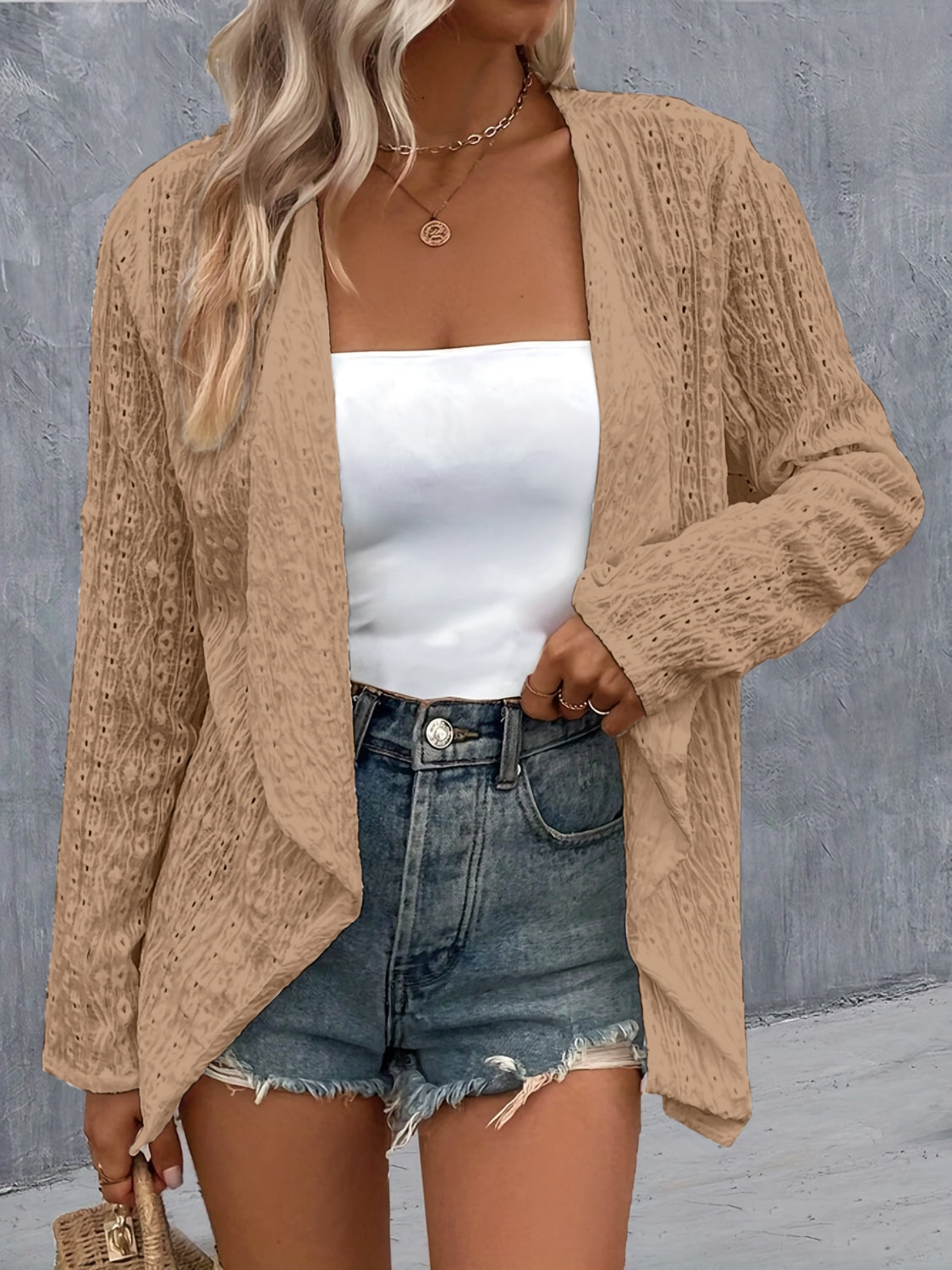 Eyelet Roll-Tab Sleeve Cardigan-Angel Casuals