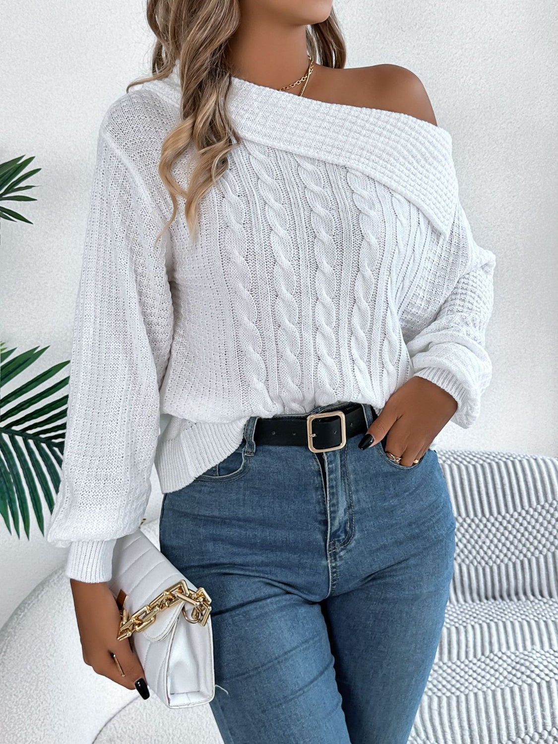 Cable-Knit One Shoulder Long Sleeve Sweater-Angel Casuals