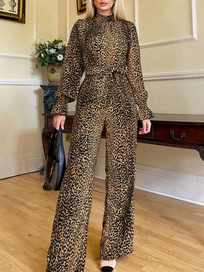 Leopard Flounce Sleeve Wide Leg Jumpsuit-Angel Casuals