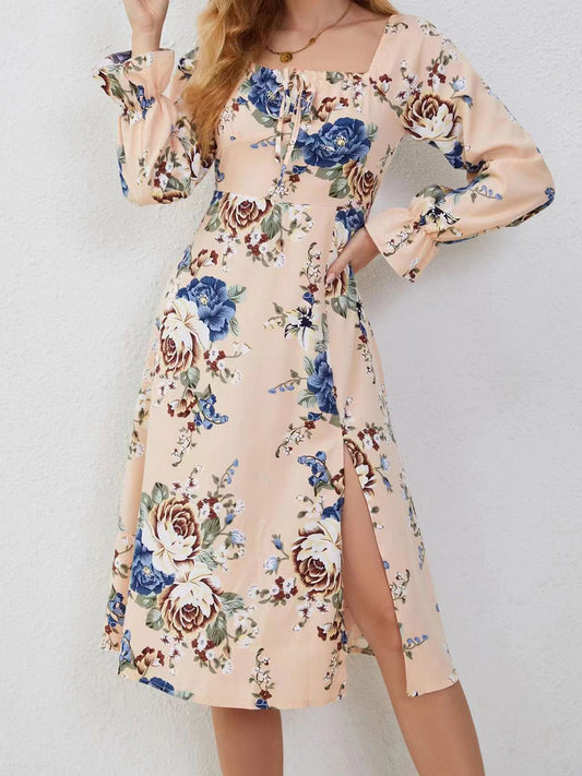 Slit Printed Square Neck Flounce Sleeve Dress-Angel Casuals