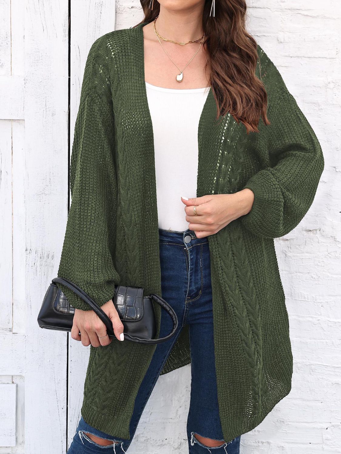 Cable-Knit Open Front Long Sleeve Cardigan-Angel Casuals