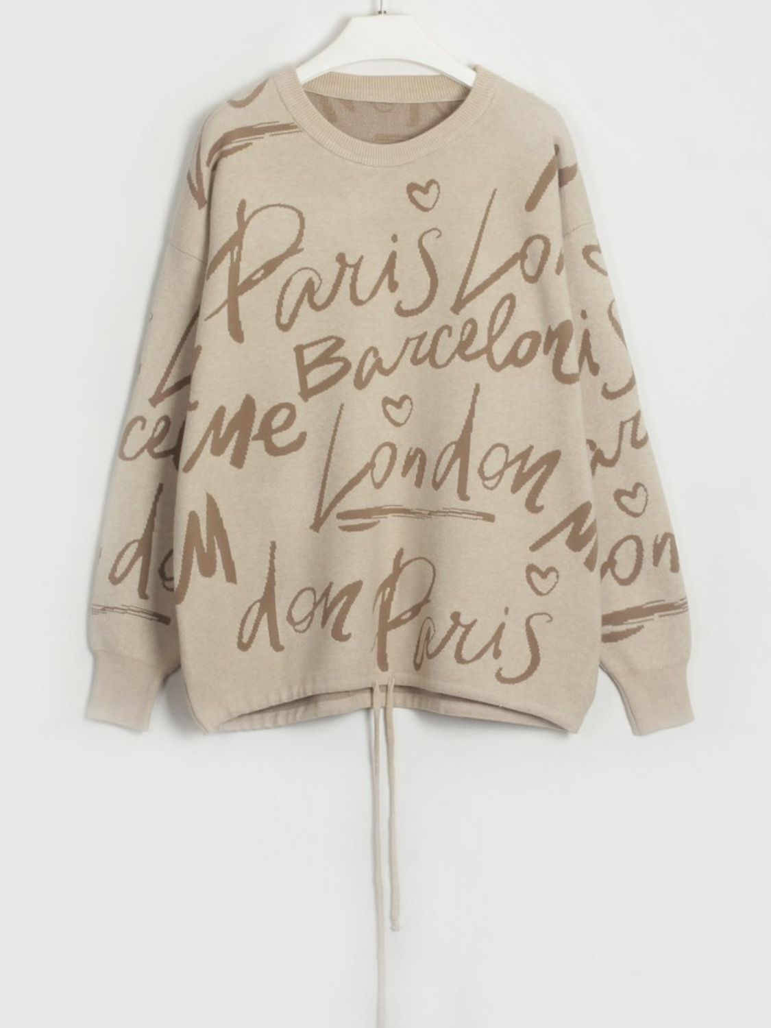 Drawstring Hem Letter Pattern Round Neck Dropped Shoulder Sweater-Angel Casuals
