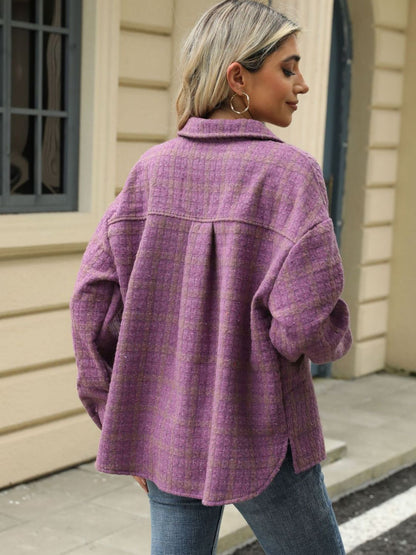 Plaid Collared Neck Long Sleeve Jacket-Angel Casuals