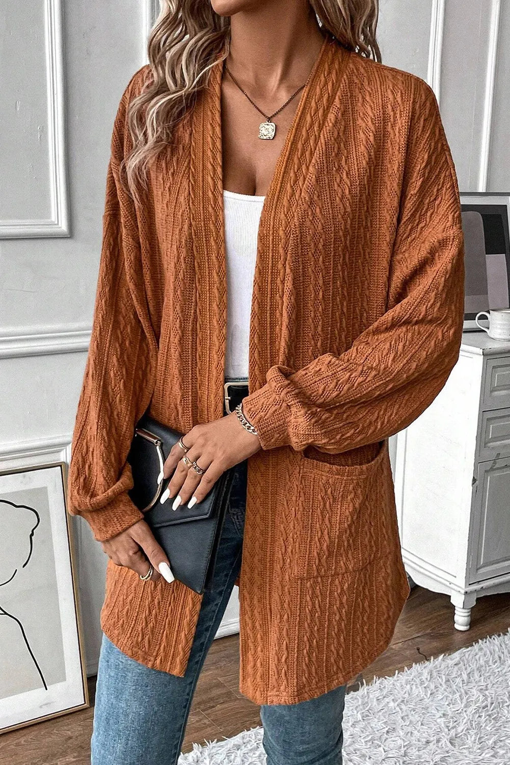 Textured Pocketed Open Front Long Sleeve Cover Up-Angel Casuals